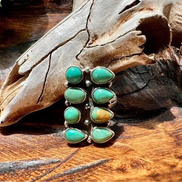 925 Sterling Silver Kingman Turquoise Rectangle Cluster Ring Sz 8 • Southwestern - Picture 1 of 10